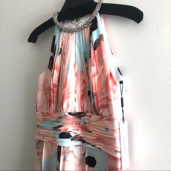 CALVIN KLEIN Pastel Maxi Gown Peach Turquoise Sz 2 - Picture 7 of 16